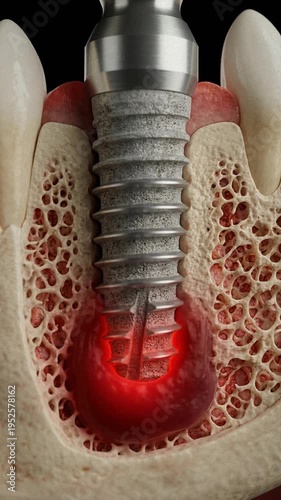 Detailed Dental Implant with Inflammation in Jawbone Cross-Section on a Medical Background