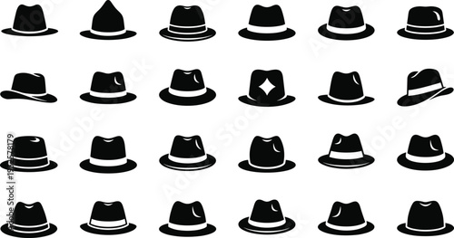 Classic fedora hat icons, gentleman headwear silhouettes, vintage fashion accessories, formal hat vector illustration, apparel design elements for men.