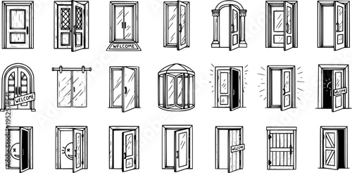 Black and White Line Art Collection of Various Doors: Entrance, Interior, Modern, Classic Styles