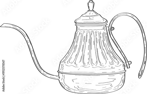High quality linear realistic vector illustration of a retro coffee kettle, pot . Ideal for menus, restaurant, coffee, pastry, sweets shop and product label design. Barista tools.