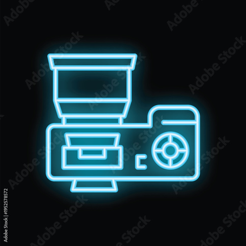 Bright blue neon icon of a professional photo camera with a lens hood, flash, and settings buttons, ideal for photography related designs