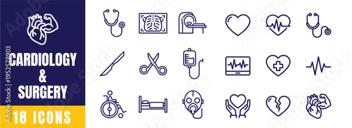 Cardiology and Surgery Medical Icon Set — Heart, Stethoscope, Scalpel, ECG, Pulse, Hospital Line Art