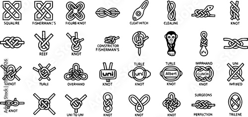 Collection of Knot Icons: Nautical, Sailing, and Outdoor Activity Symbols in Black and White Line Art