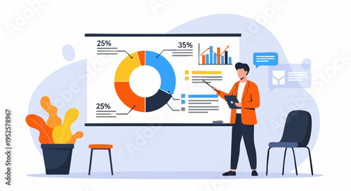 Business Presentation Vector Illustration: Man Explaining Data Charts and Graphs on Whiteboard