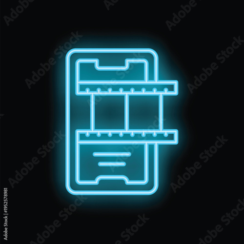 Blue neon sign icon of a smartphone showing film strip editing interface on a black background