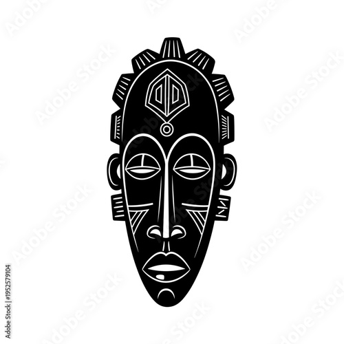 Black silhouette of African mask isolated on white background, concept of Kwanza cultural celebration  