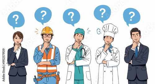 Diverse Professional People Thinking with Question Marks Vector Illustration Set for Career Choice