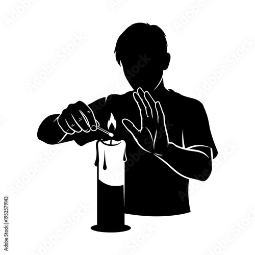 Black silhouette of man near lit candle isolated on white background, concept of Kwanza cultural celebration  