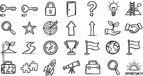 Hand-drawn Black and White Business and Strategy Concept Doodle Icons Set. Line art symbols for success, growth, planning, innovation, and opportunity.