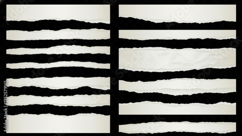 Set of torn paper edges, ragged borders on black background, grunge texture, graphic elements vector illustration