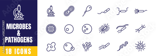 Microbes and Pathogens Icon Set — Bacteria, Virus Cell, Spore, Amoeba, Germ Outline Line Art