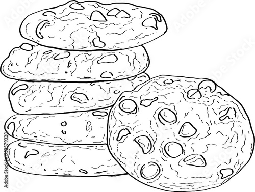 High quality linear realistic vector illustration of a chocolate cookies.  Ideal for menus, restaurant, coffee, pastry, sweets shop and product label design. 