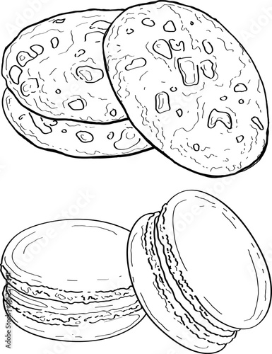 High quality linear realistic vector illustration of a chocolate cookies and macarons.  Ideal for menus, restaurant, coffee, pastry, sweets shop and product label design. 