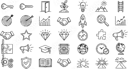 Business Startup Growth Icons: Line Art Icons for Business Success, Finance, and Strategy