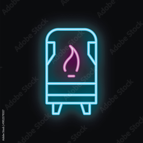 Vibrant neon icon depicting a gas water heater, featuring a prominent flame symbol, signifying its role in providing hot water