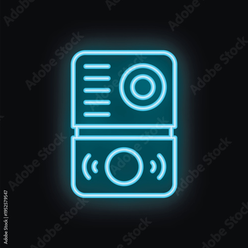 Blue neon icon of an intercom system glowing on a black background