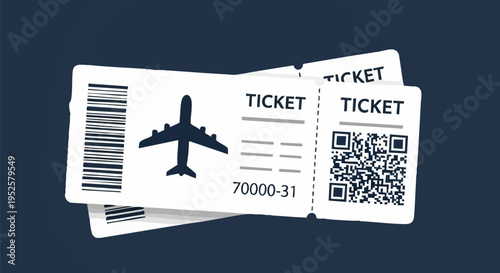Two white vector airline tickets with airplane icon, barcode, and QR code on dark blue background