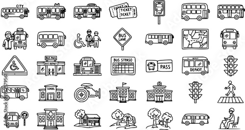 Hand-drawn Line Art Public Transport Bus Icon Set: Urban Commuting  City Transportation Doodle Elements