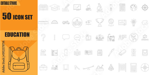 Education icons on orange background.