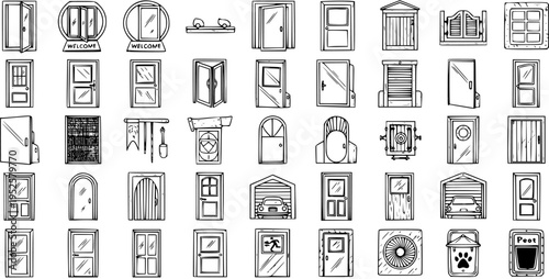 Architectural  Home Design Hand Drawn Doors Icon Set - Black and White Line Art Collection of Various Entrance and Exit Concepts