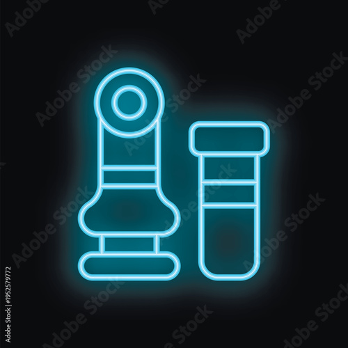 Blue glowing neon icon of a medical device for taking urine sample for analysis in a laboratory, on a black background