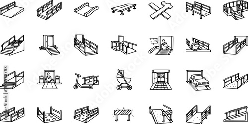 Architectural and Construction Accessibility Ramps, Stairs, and Mobility Structures Black  White Line Art Vector Icon Set