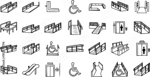 Accessibility Ramps, Elevators, and Escalators Black and White Line Art Icons Set Depicting Disabled Access Infrastructure.