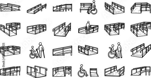 Architectural Accessibility Ramps and Disability Access Line Art: Hand-drawn Black and White Sketches of Wheelchair Ramps for Inclusive Design and Infrastructure.
