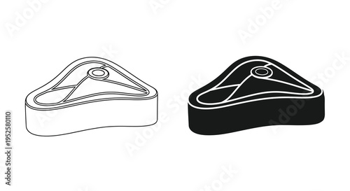 A simple black and white illustration depicts two views of a steak one outlined and one solid high quality professional detailed