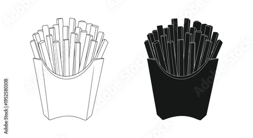 A minimalist depiction showcases two portions of french fries in cardboard containers one outlined and one solid high quality