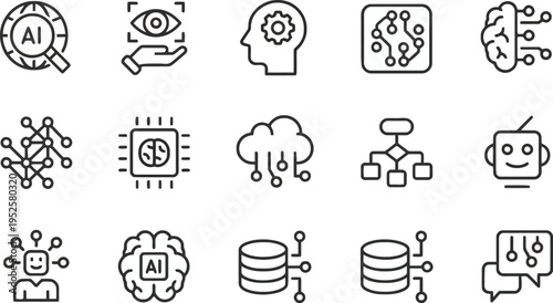 Ai and technology icons: machine learning, data, neural network, robot