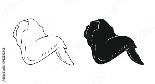 A contrasting depiction of a chicken wing showcasing both a white outline and a solid black silhouette high quality
