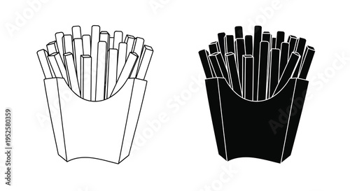 A simple black and white illustration depicts two servings of french fries in paper containers side by side