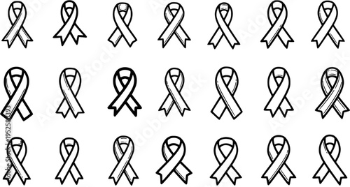 Hand Drawn Black and White Line Art Awareness Ribbons Vector Icons Set. Medical, Healthcare, and Charity Support Symbols for Social Issues Campaigns.