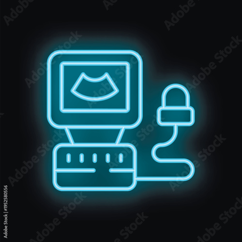 Glowing blue neon icon of an ultrasound machine, representing medical imaging technology and diagnostic procedures