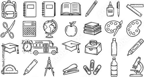 Black and White Line Art of School Supplies and Educational Objects for Kids