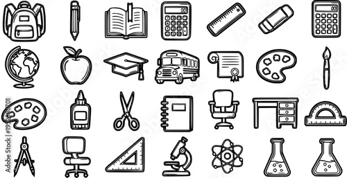 Back to School Vector Icons: Backpack, Pencil, Book, Calculator, Globe, Apple, Graduation Cap, Bus, Diploma, Paint Palette, Brush, Glue, Scissors, Notebook, Chair, Desk