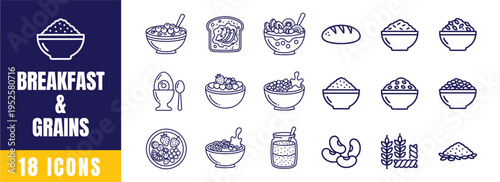 Breakfast and Grains Food Icon Set — Oatmeal, Bread, Cereal, Rice Bowl, Porridge Outline Line Art