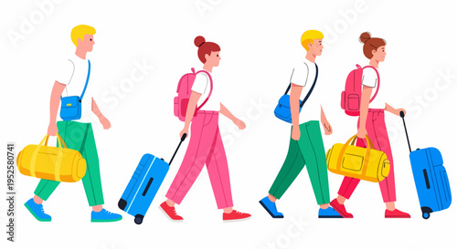 Set of 4 diverse cartoon vector illustrations of young men and women walking with luggage, depicting travel, vacation, and tourism concepts for websites, banners, and marketing materials.