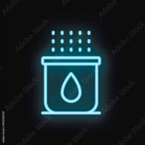 Blue neon sign of a water tank filling up with water drops, isolated on black background