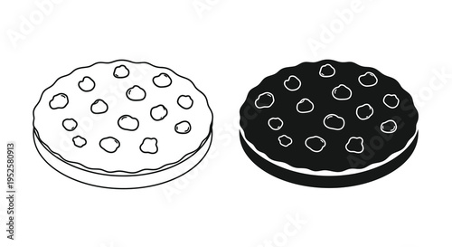 A black and white illustration depicts two circular cookies one light and one dark with scattered chocolate chips