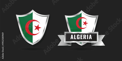 Algeria Flag Shield and Ribbon Badge - Realistic Metallic Algerian Al Jazair Emblem Vector Illustration