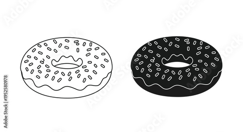 A simple black and white illustration depicts two donuts one with a lighter tone and one darker both covered in sprinkles