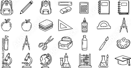 Black and White Line Art Education and School Supplies Icons. Hand-Drawn Outline Vector Set of Academic, Classroom, Stationery, and Learning Tools Graphics.