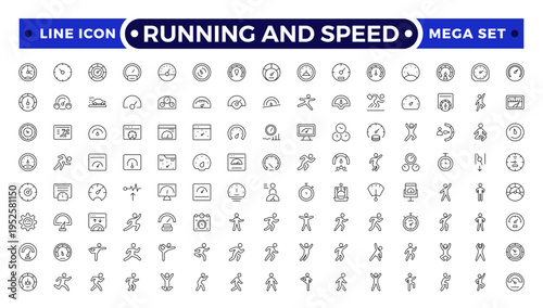 Running and Speed outline Icons Set. Sprint, Marathon, Athlete Training, Fitness Motion and Fast Movement Vector Collection.