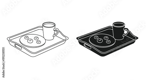 A simple black and white illustration depicts a tray with a plate of cookies and a glass of milk shown twice