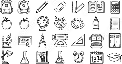 Education School Supplies Black  White Line Art Icons Set. Hand-Drawn Learning Tools and Study Equipment Doodle Collection for Back to School.