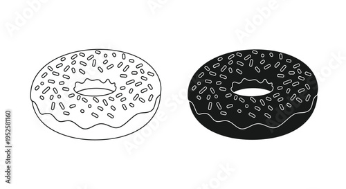 A minimalist depiction showcases two donuts one light and one dark with detailed sprinkles and wavy icing edges