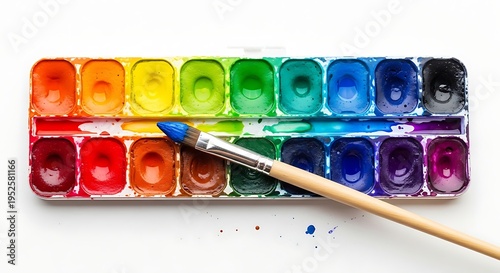 Watercolor paint palette with brush