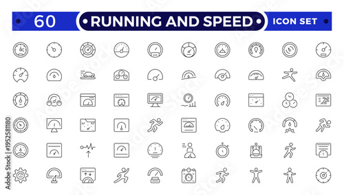Running and Speed outline Icons Set. Sprint, Marathon, Athlete Training, Fitness Motion and Fast Movement Vector Collection.